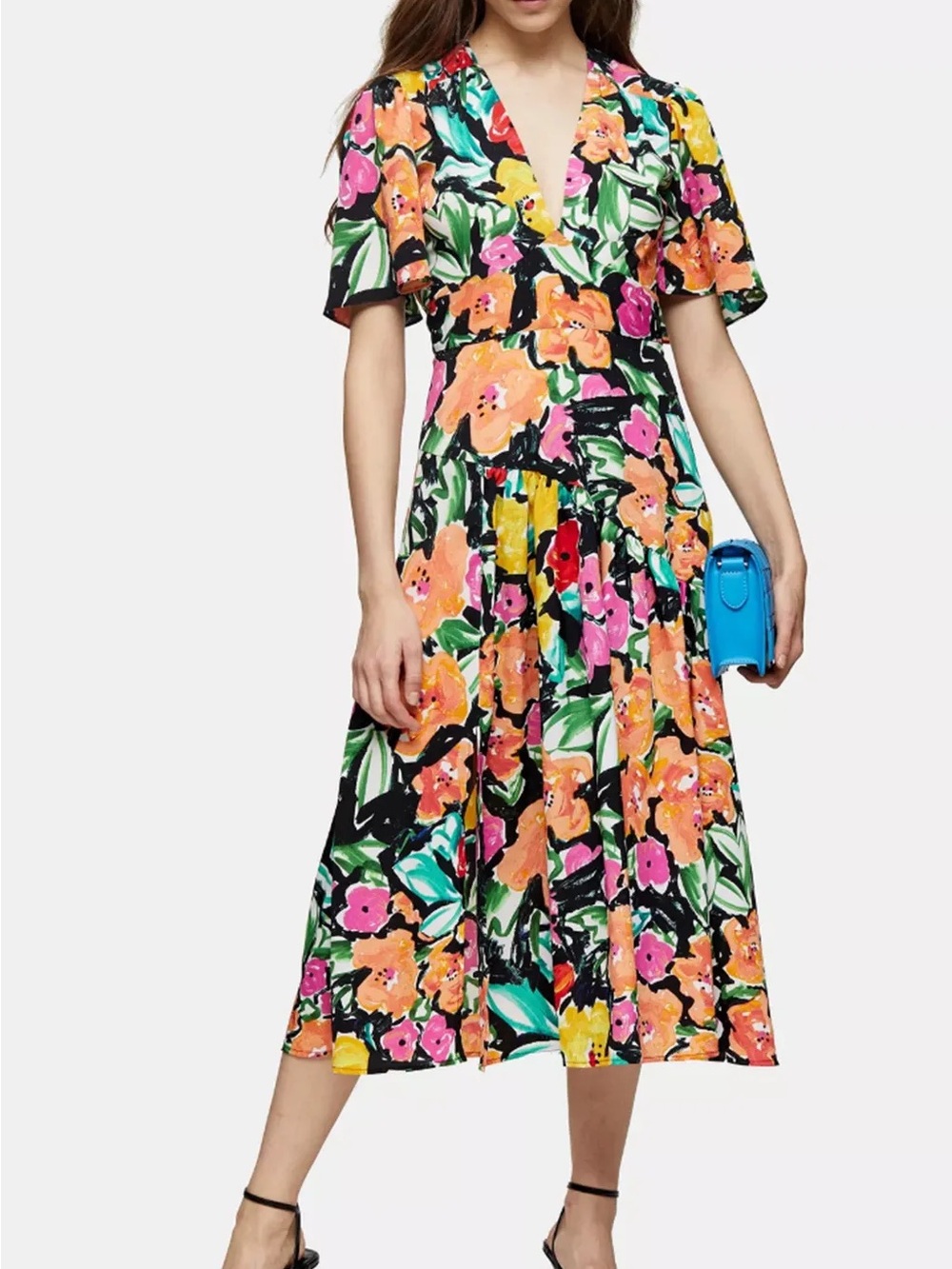 Topshop Floral Plunge V-Neck Flutter Sleeve Midi Dress US 4 / UK 8 Bold Watercol